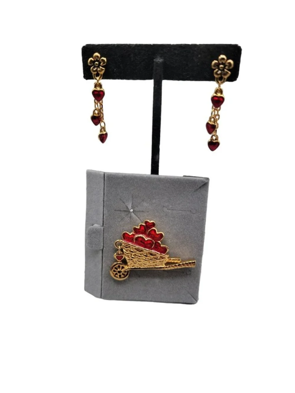 Avon Red Floral Heart Enamel Jewelry Set Wheelbarrow Pin & Dangle Post Earrings